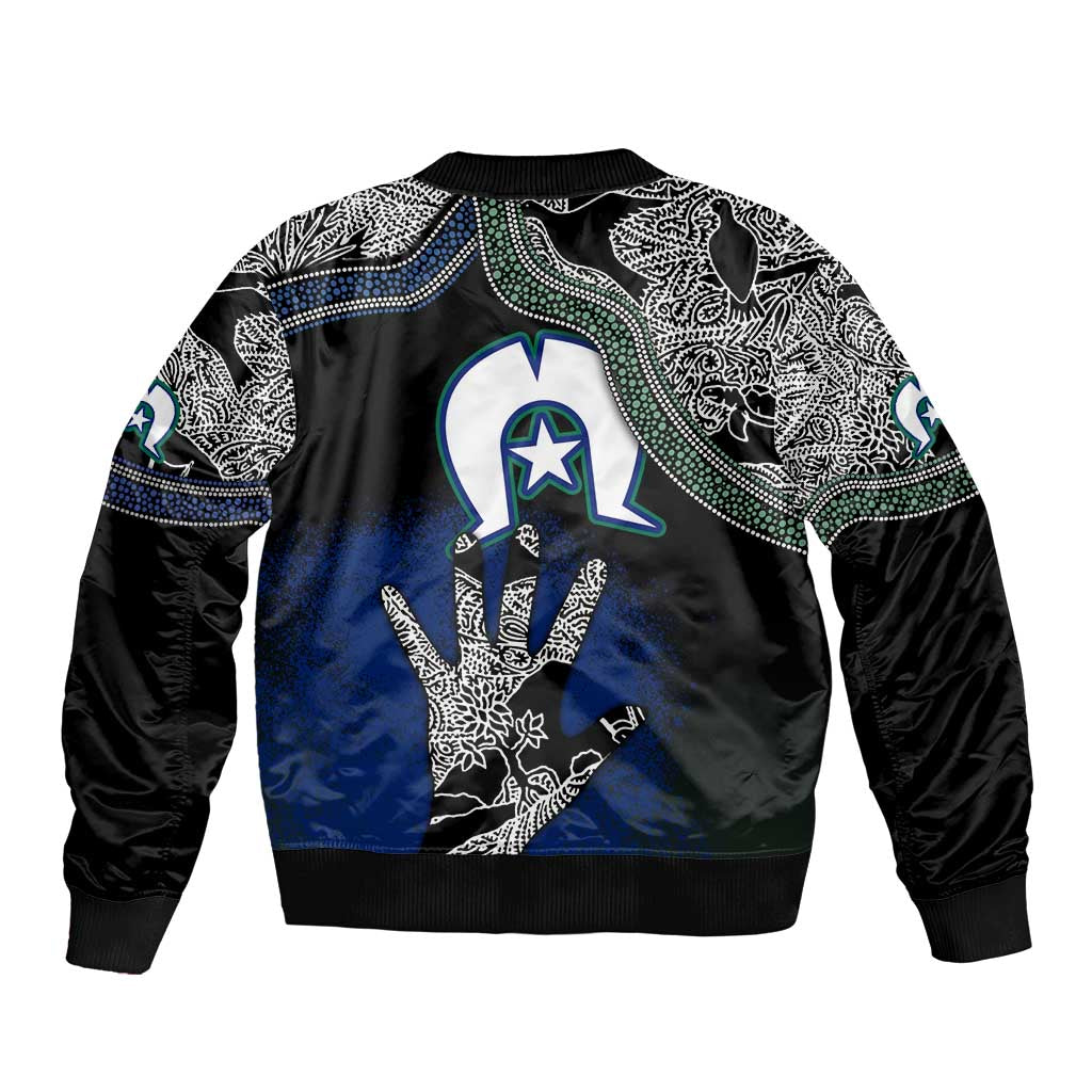 Unisex bomber jacket back features large Aboriginal art graphic; ribbed hem and cuffs