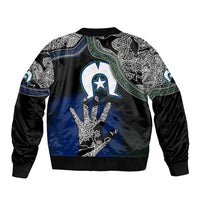 Unisex bomber jacket back features large Aboriginal art graphic; ribbed hem and cuffs