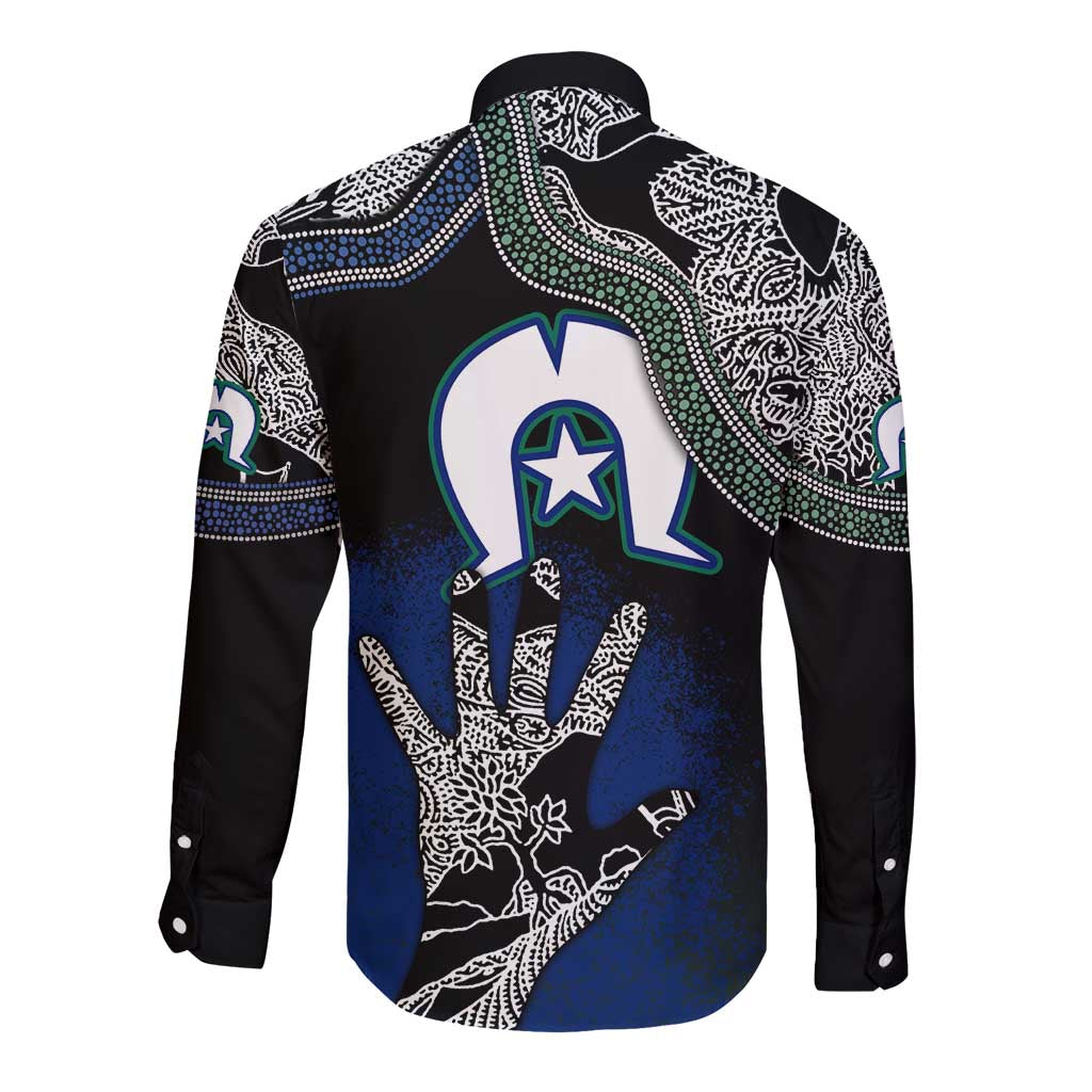 Long-sleeve button shirt with black sleeves and large emblem, multicolor dot pattern