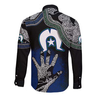 Long-sleeve button shirt with black sleeves and large emblem, multicolor dot pattern