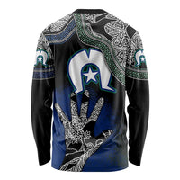 Unisex long sleeve shirt, black base with white tribal patterns, blue hand and star symbols