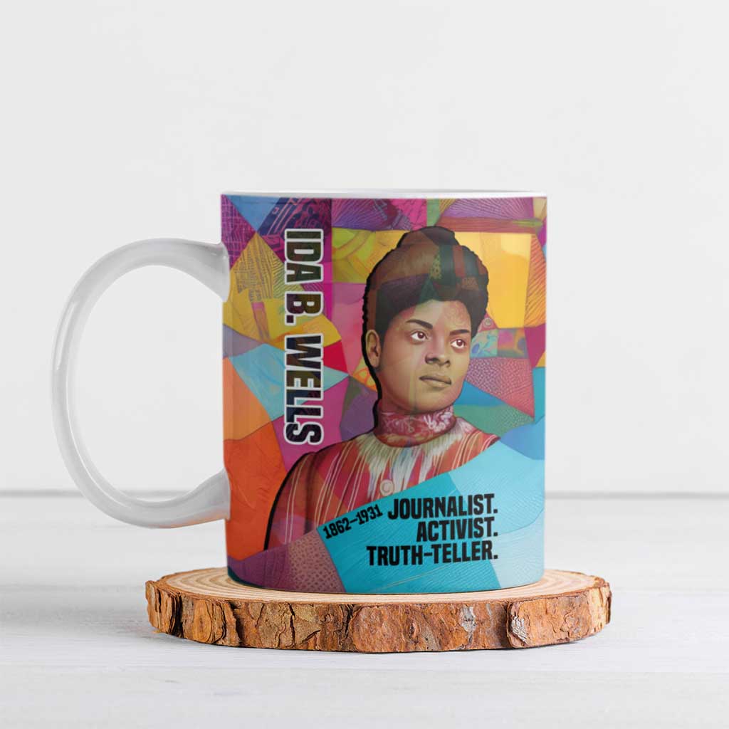 Ida B. Wells Ceramic Mug with Colorful Patchwork Pattern Design Confident Portrait Civil Rights and Journalism Tribute - Wonder Print Shop