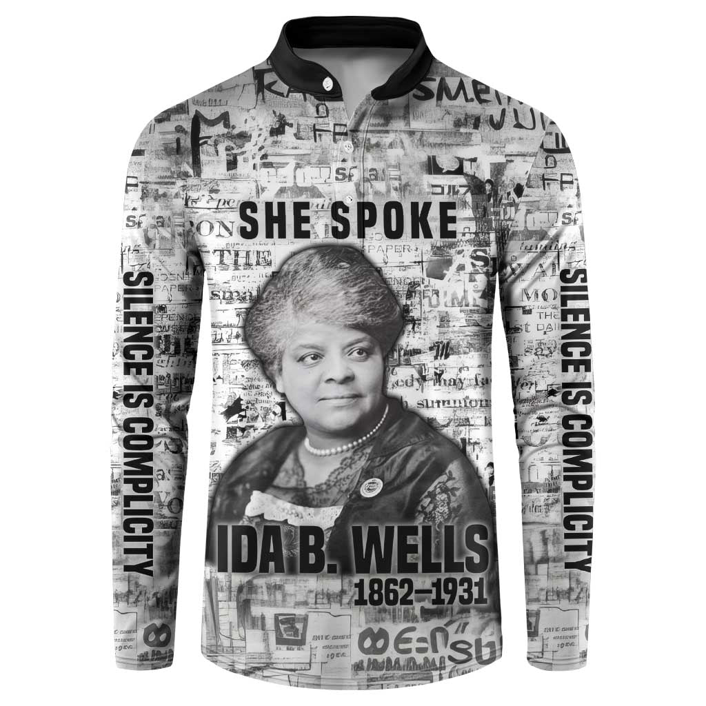 Ida B. Wells Button Sweatshirt with Newspaper Collage Design Powerful Portrait Civil Rights and Free Press Tribute