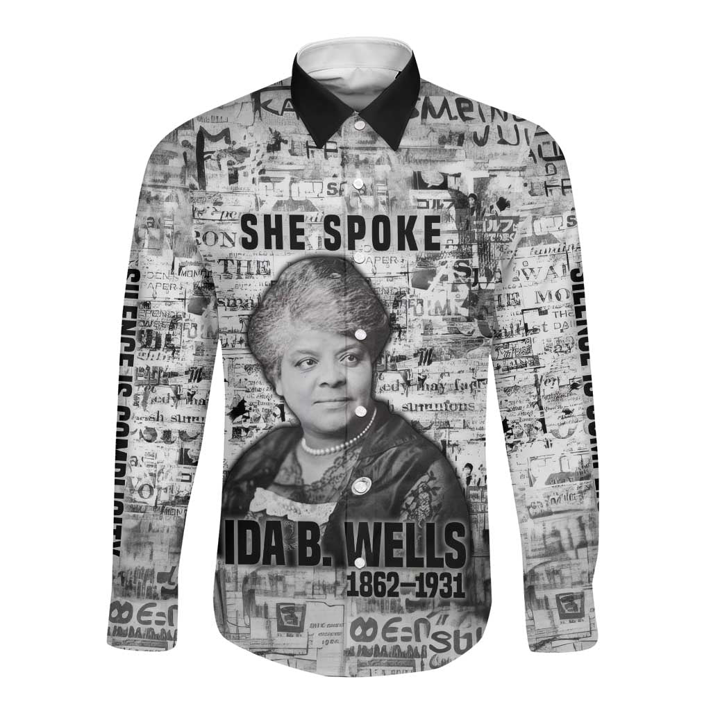 Ida B. Wells Long Sleeve Button Shirt with Newspaper Collage Design Powerful Portrait Civil Rights and Free Press Tribute - Wonder Print Shop