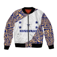 Unisex bomber jacket with white front, blue-gold patterns, zipper and Honduras text