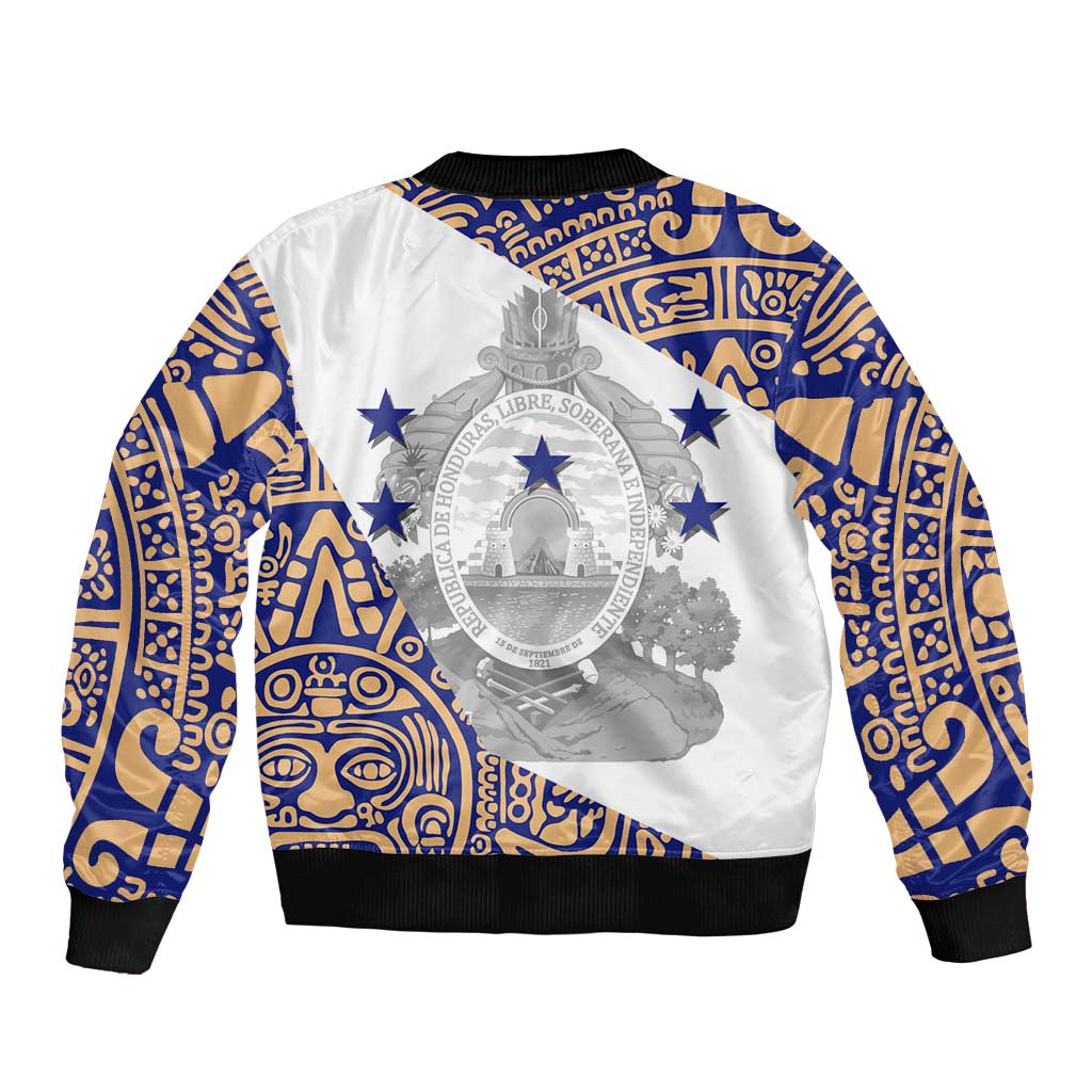 Unisex bomber jacket with white back, circular Honduras emblem, blue-gold patterns and stars