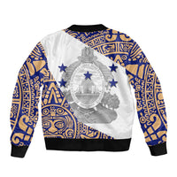 Unisex bomber jacket with white back, circular Honduras emblem, blue-gold patterns and stars