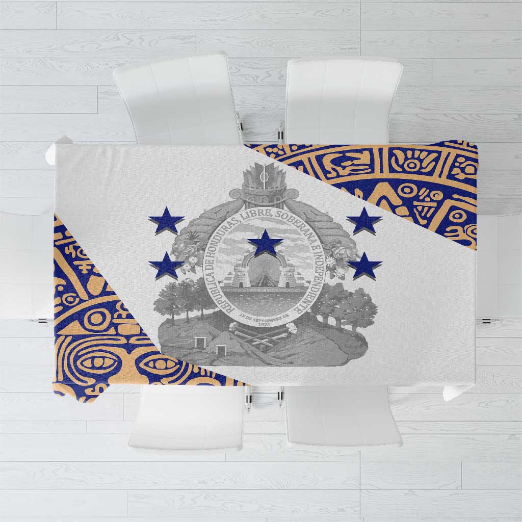 Honduras tablecloth with circular national emblem and blue-gold traditional patterns