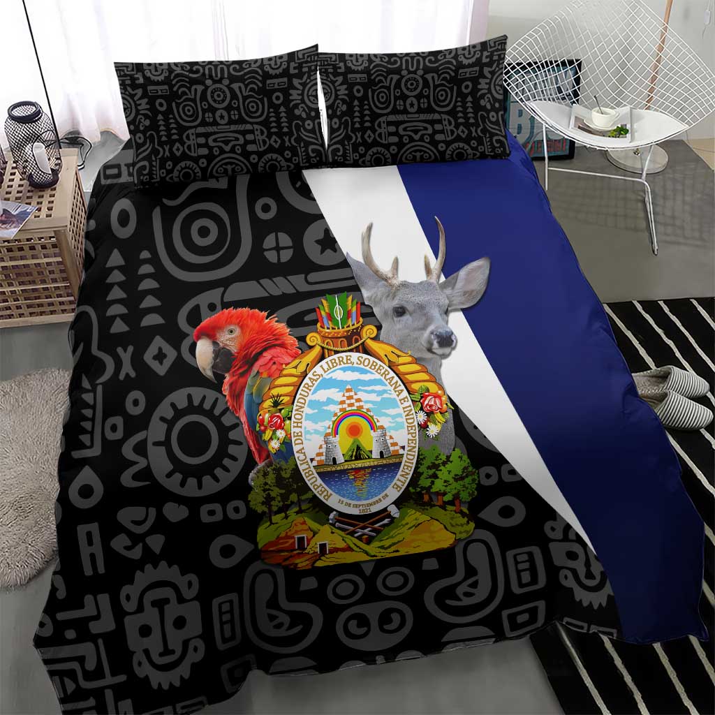 Black patterned duvet cover with coat of arms emblem and blue side flap