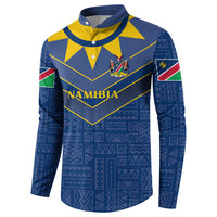 Namibia emblem button henley sweatshirt with geometric patterns and sleeve flag patches