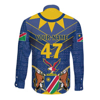 Unisex long-sleeve button shirt with 'YOUR NAME 47' print, blue and yellow patterned design