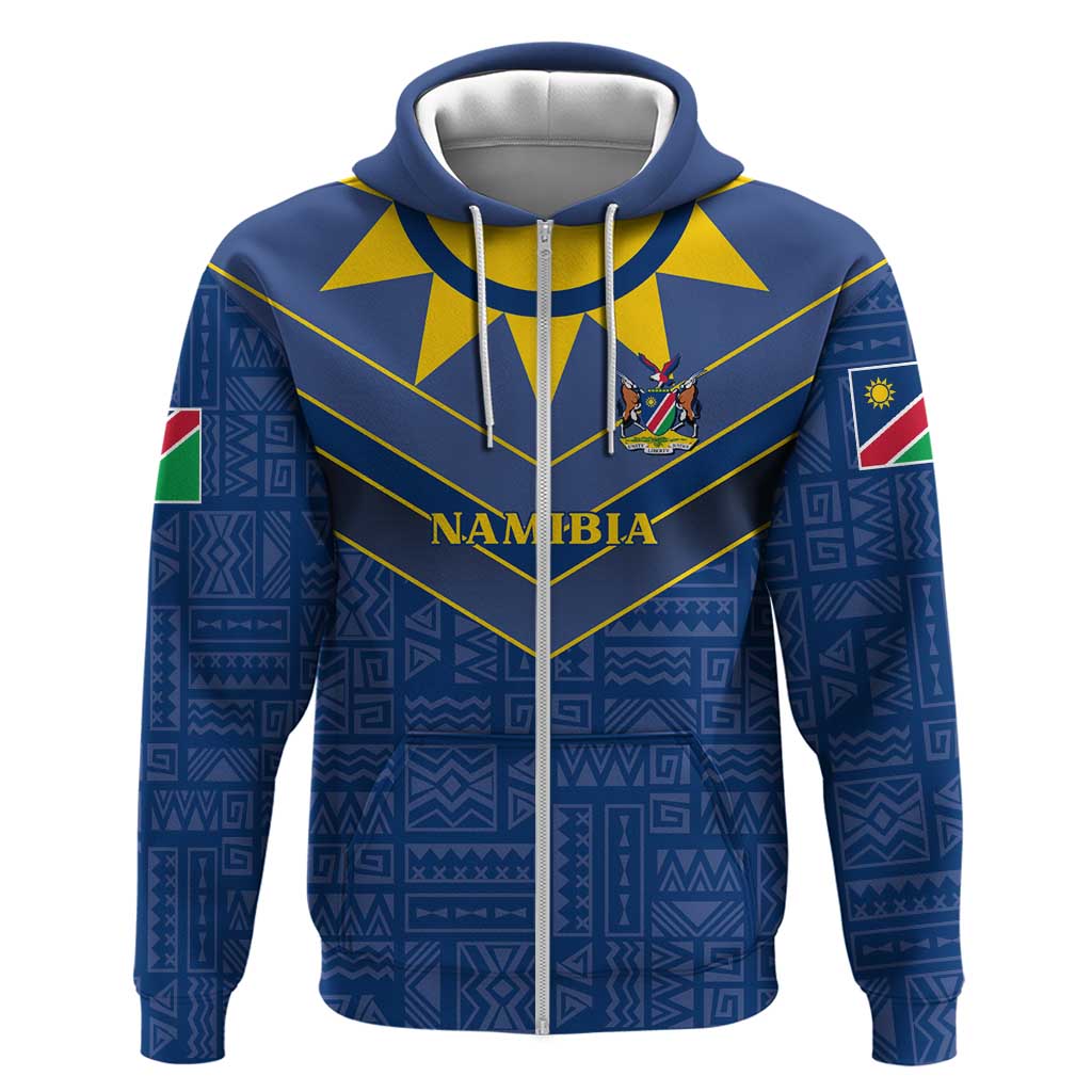 Namibia National Emblem Zip Hoodie Sporty Style with Traditional Patterns