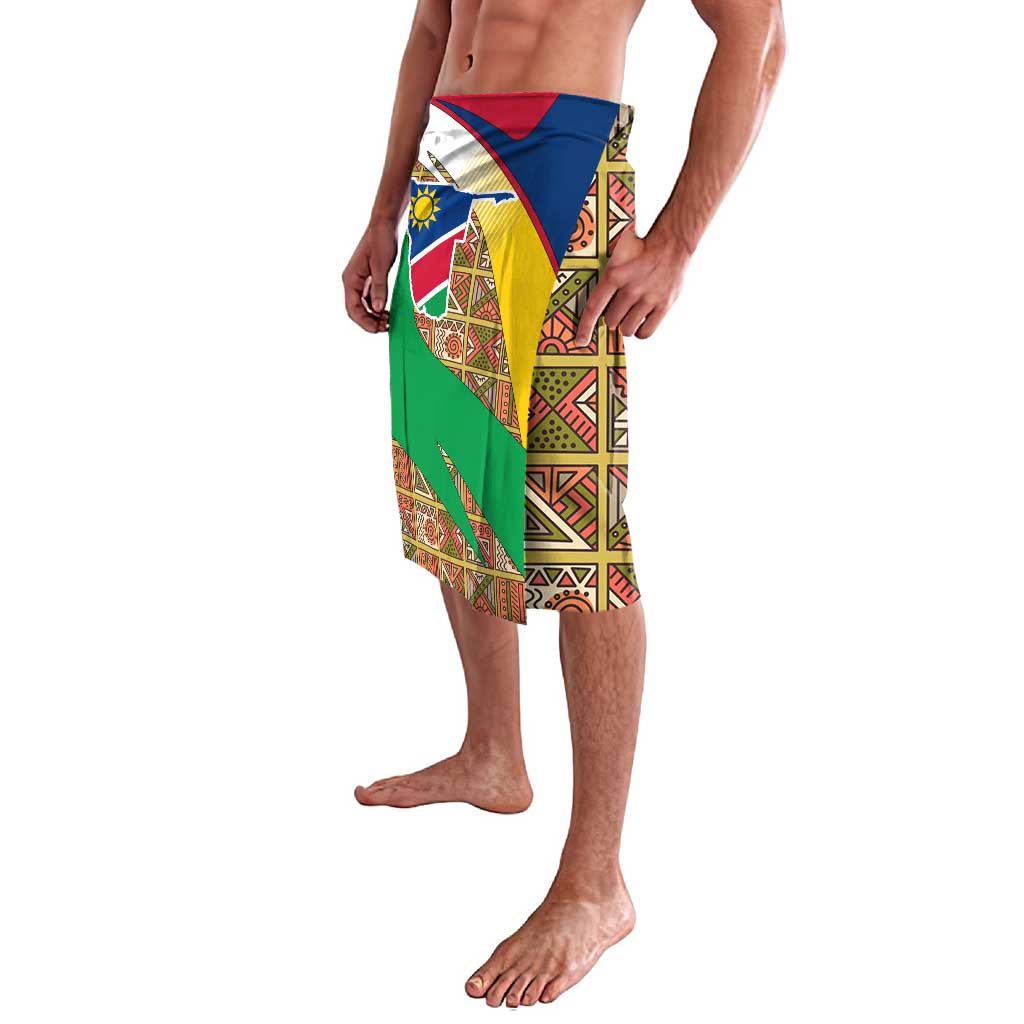 Lavalava wrap skirt with Namibia emblem and multicolor map artwork, side view