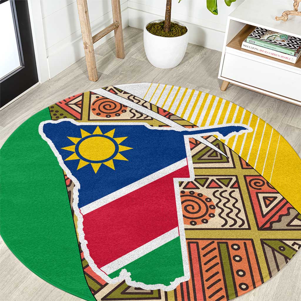 Namibia Map Round Carpet National Emblem & Cultural Motif Design