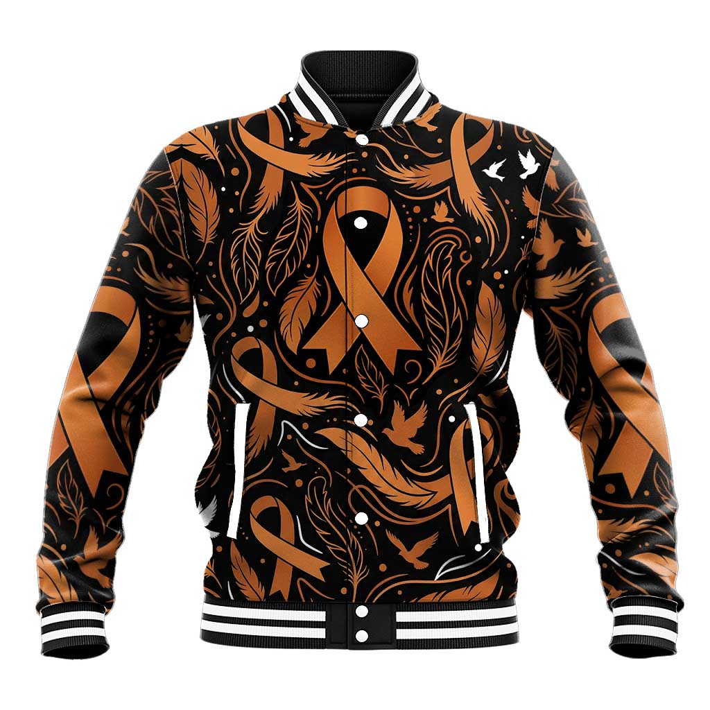 Personalized I Wear Orange Kidney Cancer Awareness Baseball Jacket Feathered Ribbon Silhouette Illustration