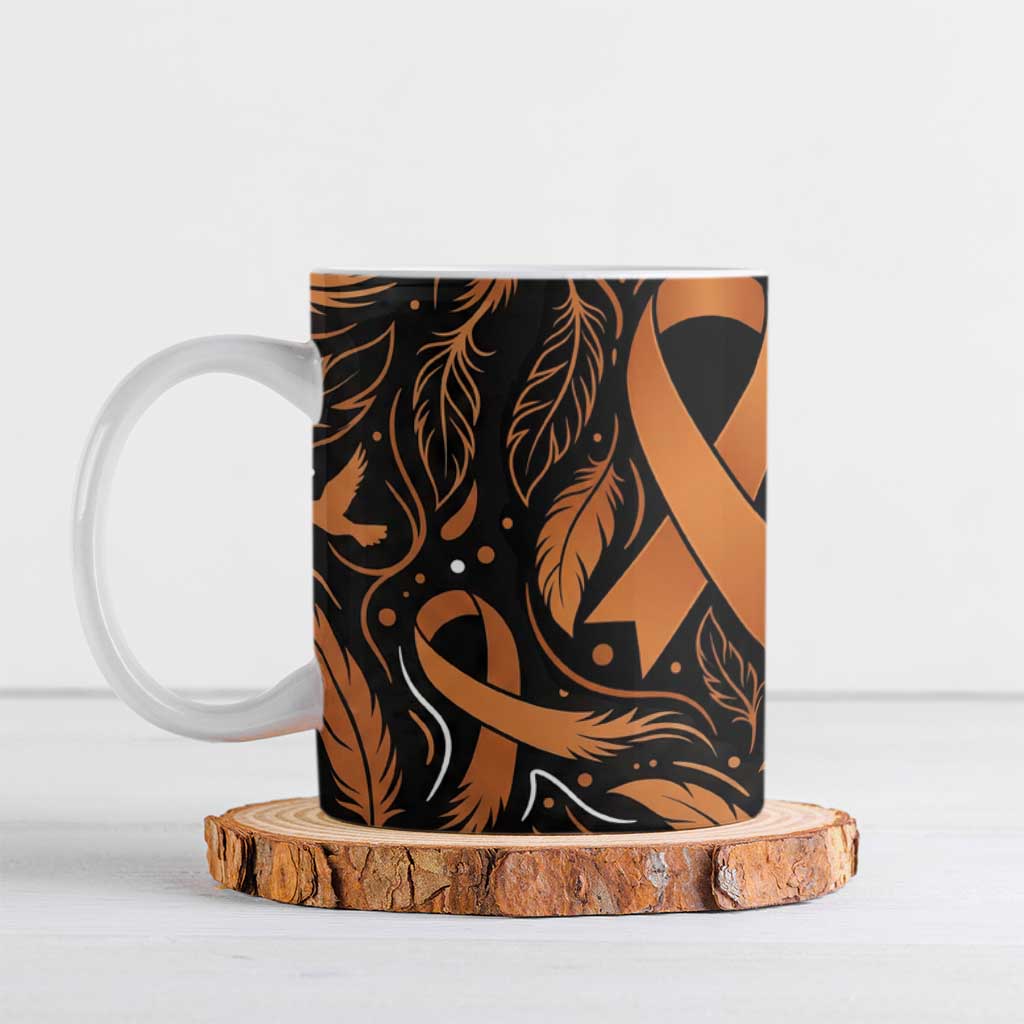 Personalized I Wear Orange Kidney Cancer Awareness Ceramic Mug Feathered Ribbon Silhouette Illustration
