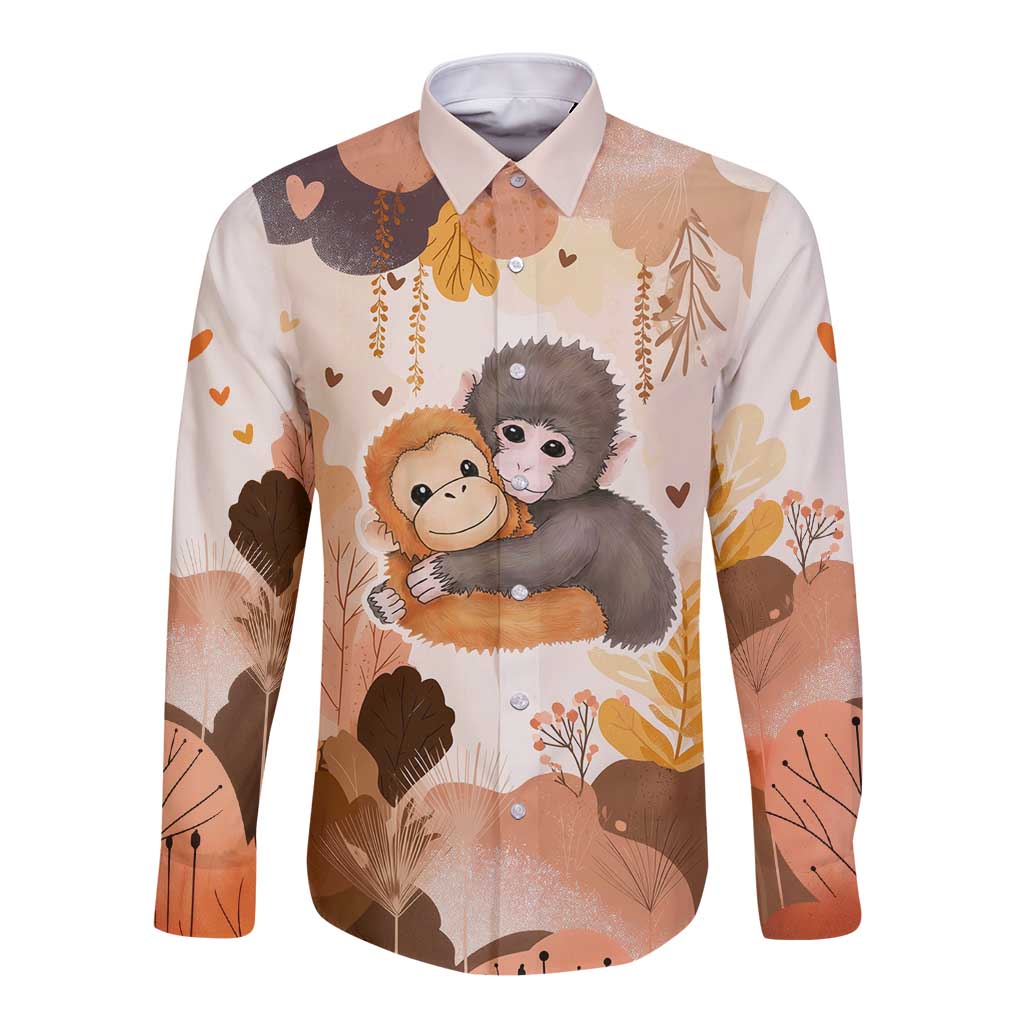 Punch The Monkey Long Sleeve Button Shirt Love Me Anyway Baby Monkeys Cute Plush Hugging