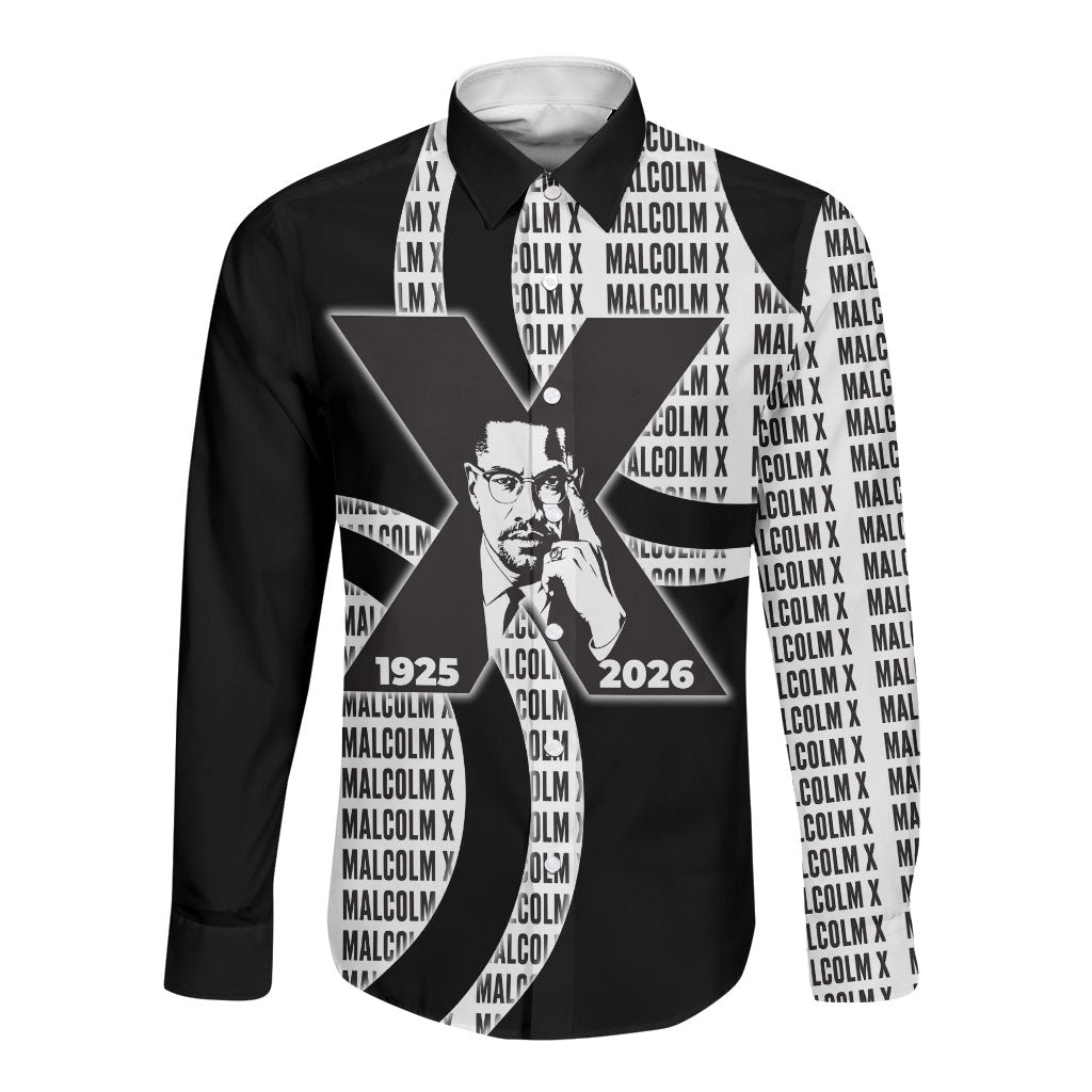 Malcolm X Legacy 1925-2026 Long Sleeve Button Shirt African American Heritage - Iconic Portrait Silhouette