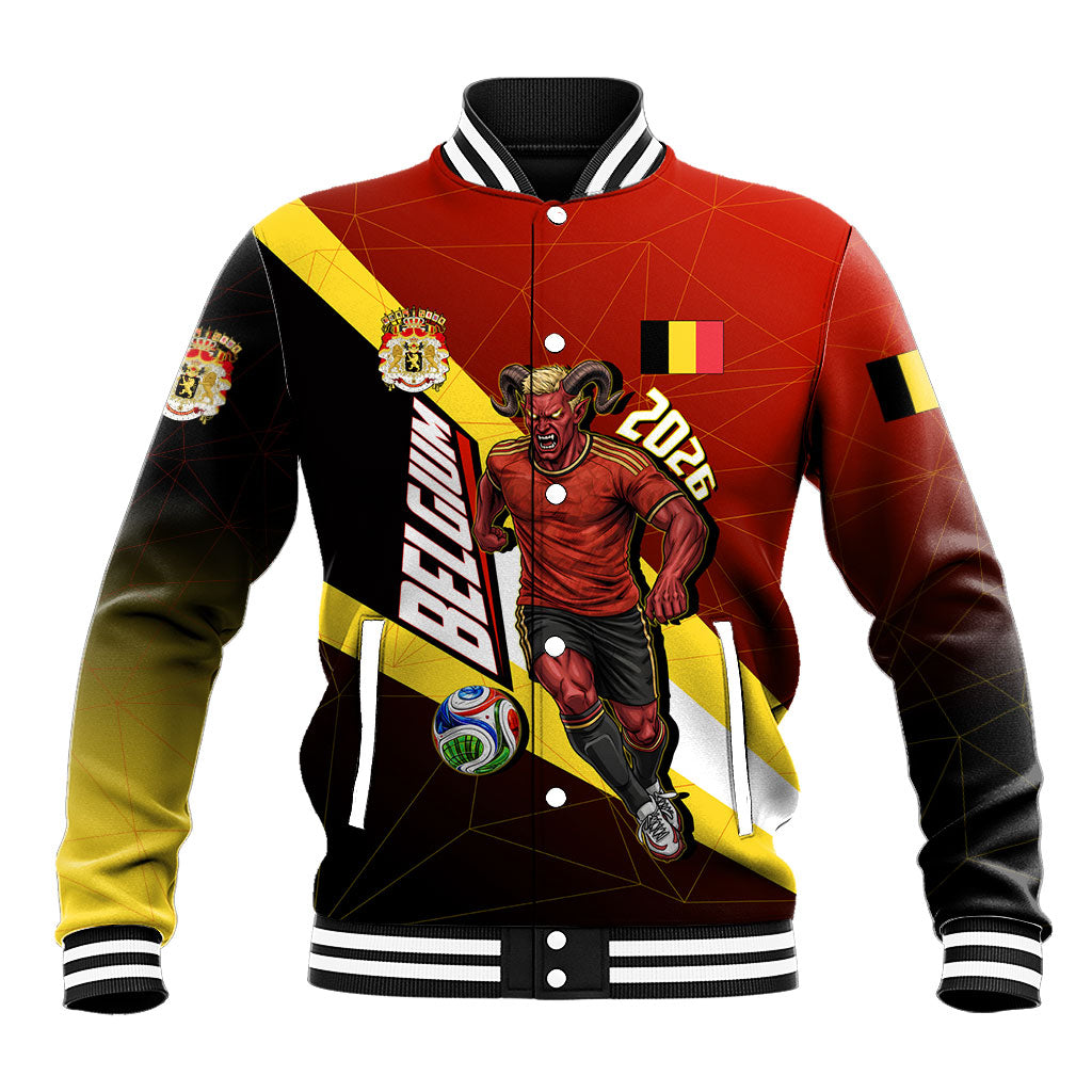 Personalized Belgium Red Devils Football Mascot Baseball Jacket Fierce Devil Graphic With Belgian Flag