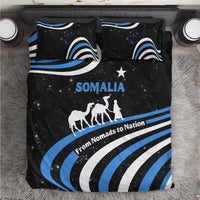 Black bedding set with blue/white Somalia flag, wave stripes, camel and star graphic