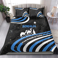 Black duvet and pillow set with blue/white Somalia graphic, wave stripes and camel silhouettes