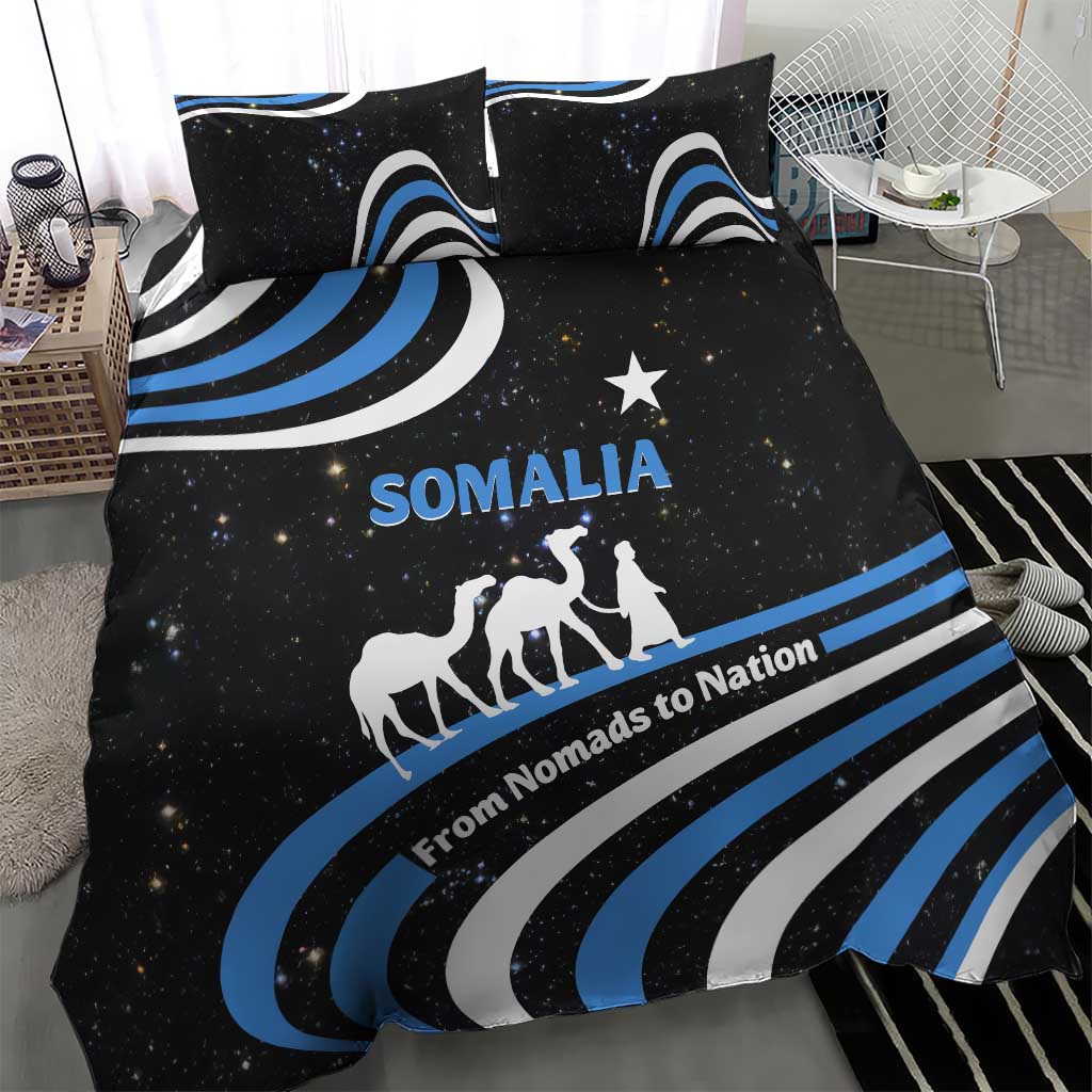 Black duvet and pillows with SOMALIA text, star, camel silhouettes and blue wave stripes