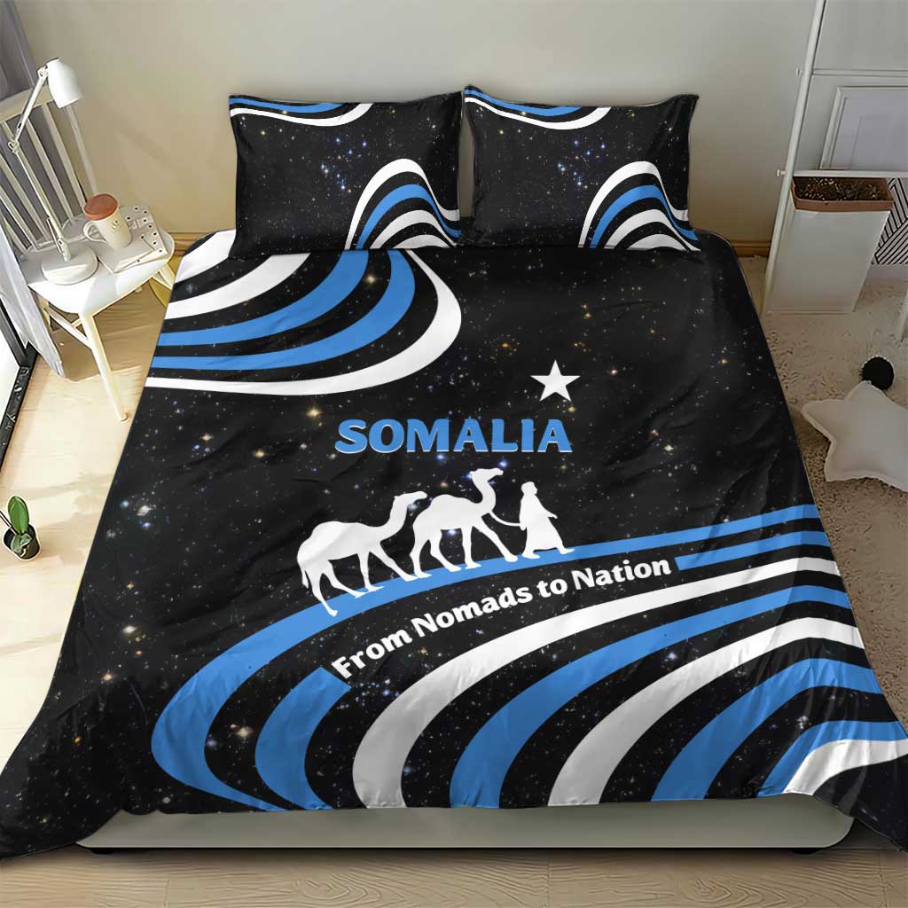 Black bedding set with SOMALIA word, star, camel-and-rider silhouette and blue wave stripes