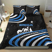 Black bedding set with SOMALIA word, star, camel-and-rider silhouette and blue wave stripes
