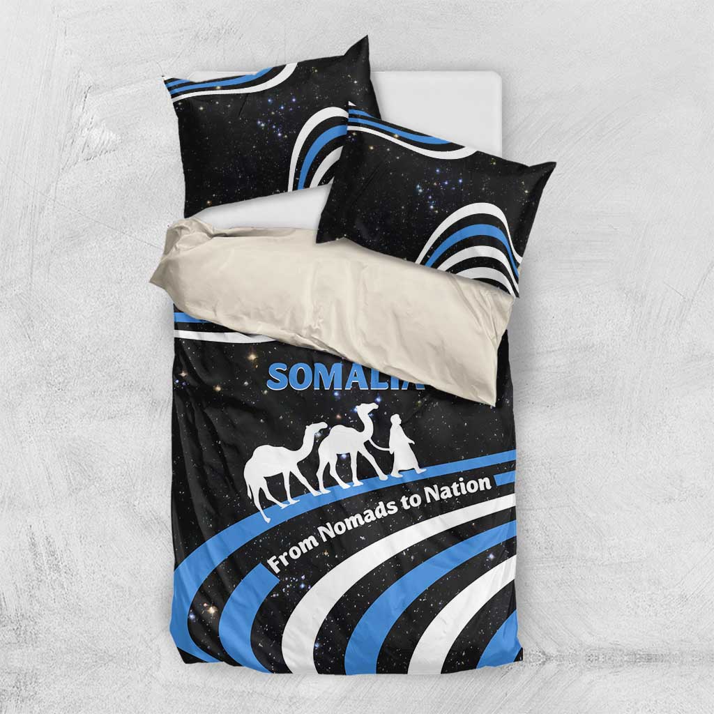Black bedding set with SOMALIA word, camel silhouette and blue wave stripe design