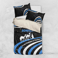 Black bedding set with SOMALIA word, camel silhouette and blue wave stripe design