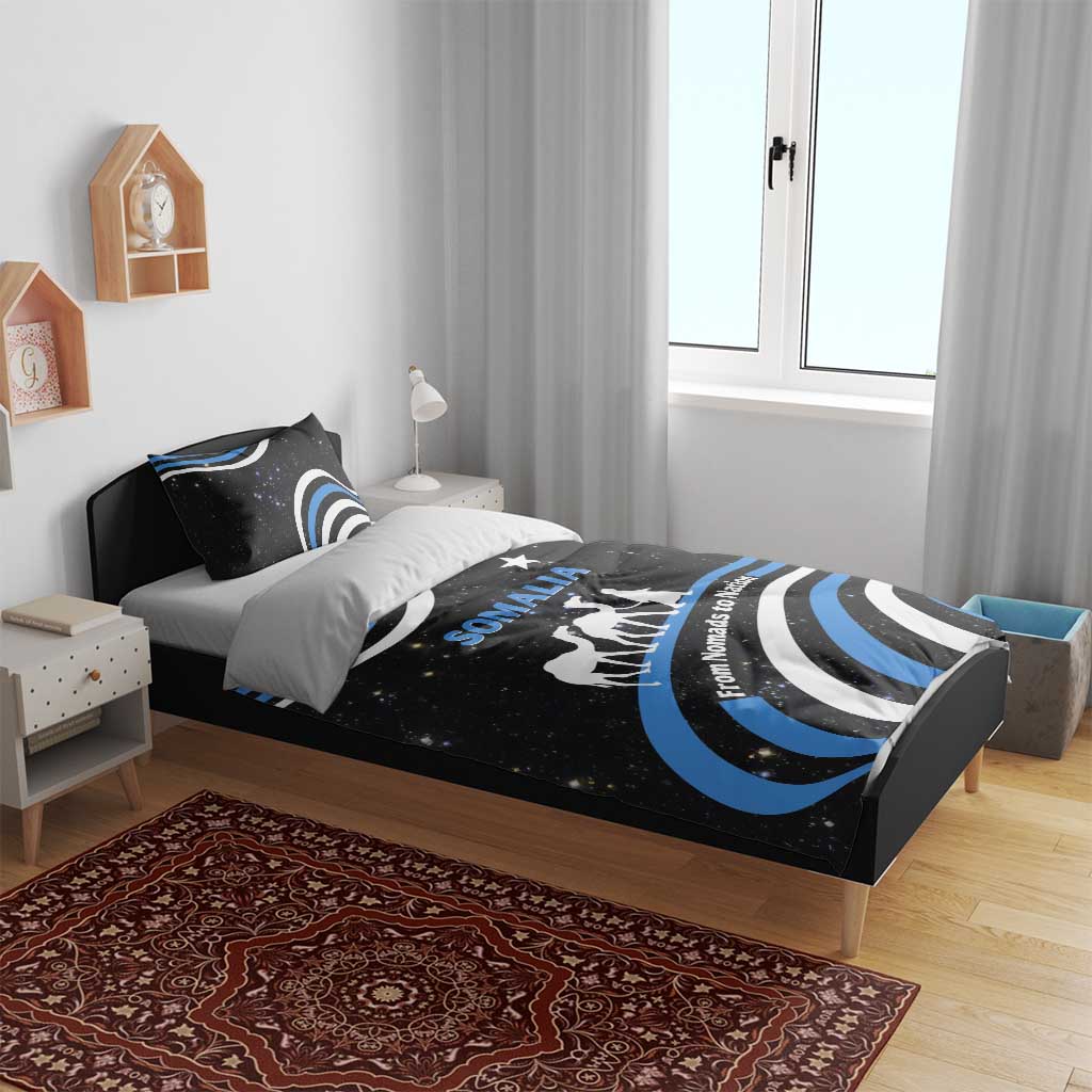 Black bedding set with blue wave stripes and camel caravan graphic on duvet and pillows