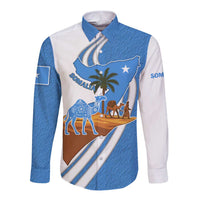 Blue-and-white long-sleeve button shirt with Somalia map graphic, palm tree and camels