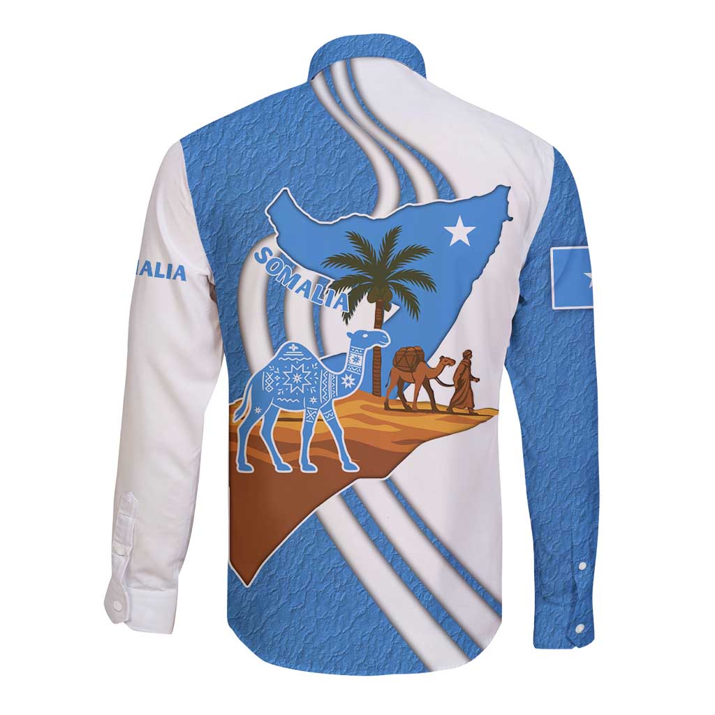 Blue-and-white long-sleeve button shirt, back view, Somalia map graphic with camel caravan