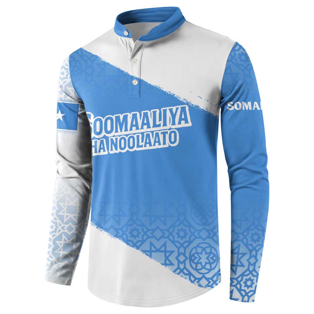 Blue and white long-sleeve button-front sweatshirt with centered text graphic