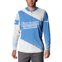 Blue and white button-front sweatshirt with front text logo and patterned sleeves