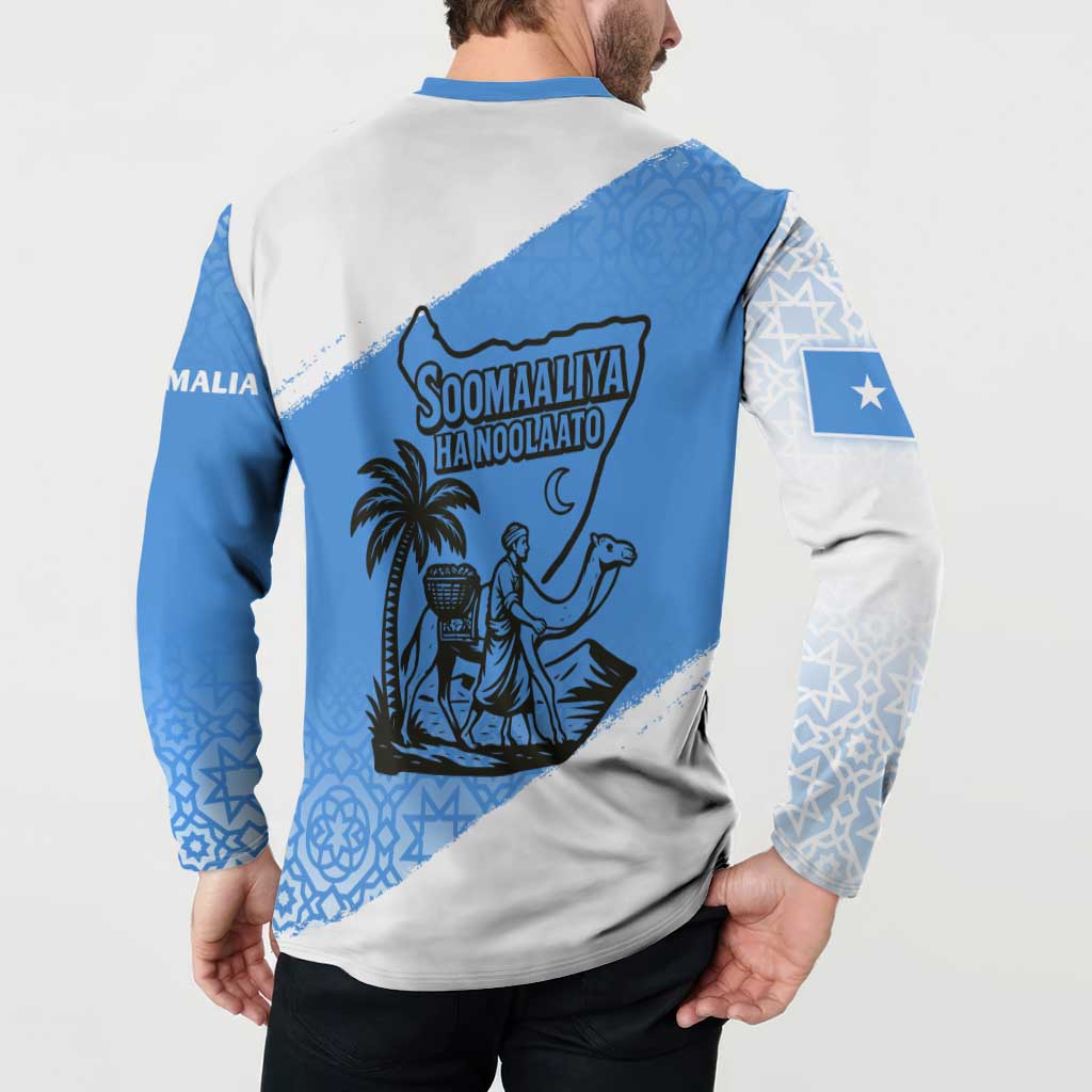 Blue and white sweatshirt with back illustration graphic and diagonal color block