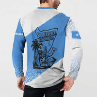 Blue and white sweatshirt with back illustration graphic and diagonal color block