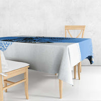 Blue and white tablecloth with blue corner print and straight drape