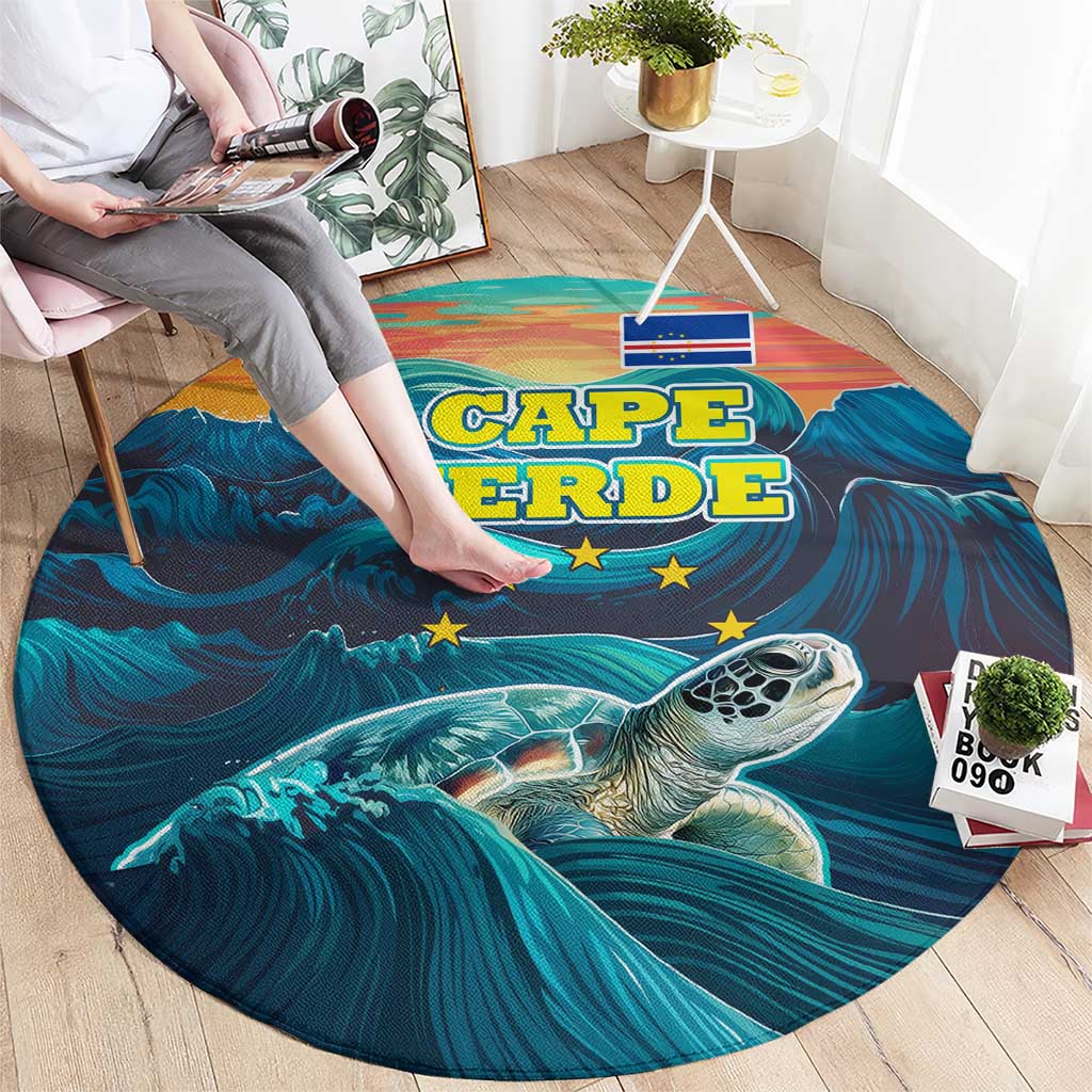 Cape Verde Round Carpet with Loggerhead Sea Turtle Ocean Sunset Spirit