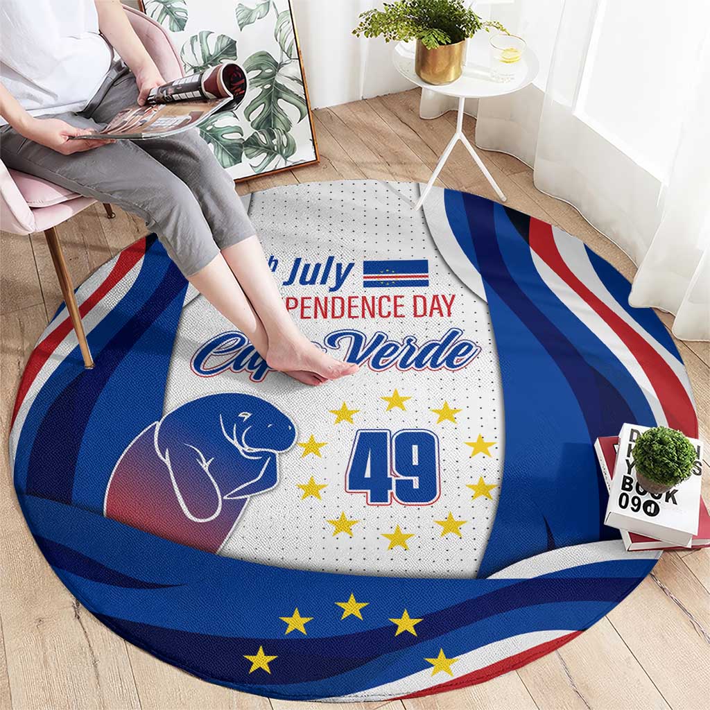 Round rug with flag-style wave graphics, stars, 'Cape Verde' text and '49' center