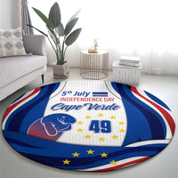 Round rug featuring blue wave flag pattern, star ring, 'Cape Verde' text and '49'