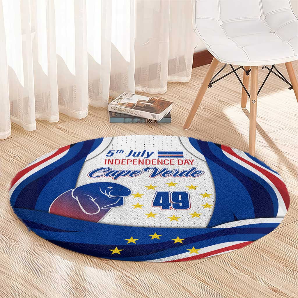 Round rug with Cape Verde flag wave border, star accents, 'Cape Verde' and '49'