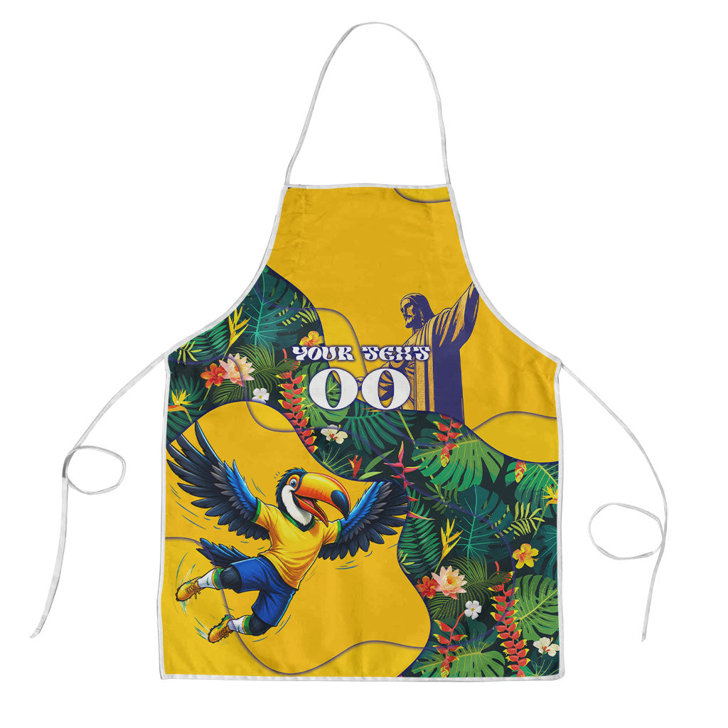 Personalized Brazil Soccer Apron Toucan Football Mascot - Christ the Redeemer - Tropical Floral