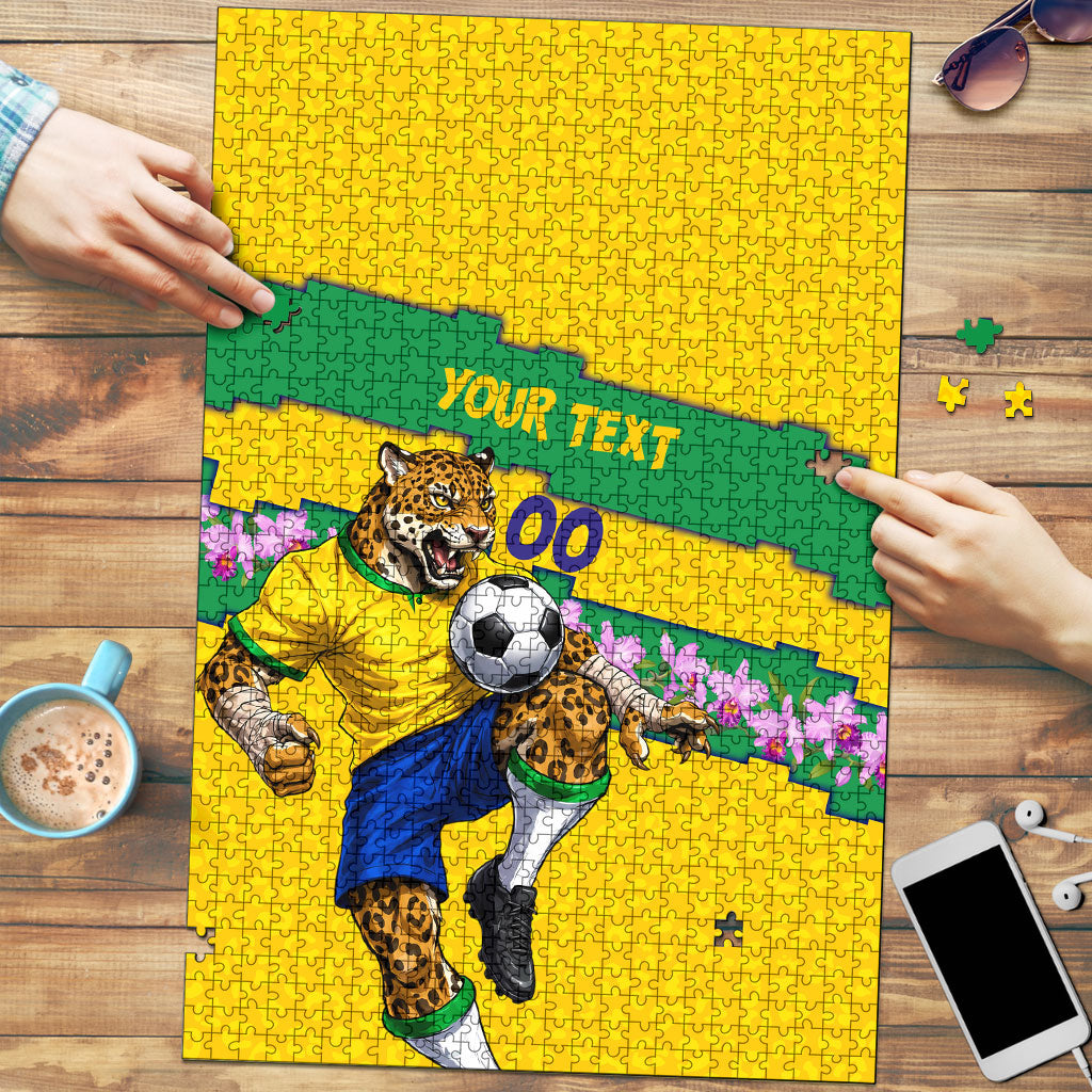 Personalized Brazil Soccer Puzzle Jaguar Football Mascot - National Flag and Floral Accents
