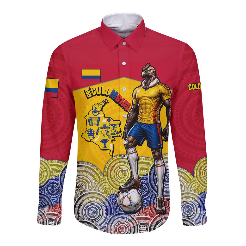 Personalized Colombia Football Long Sleeve Button Shirt Vulture Mascot Sombrero Vueltiao Map