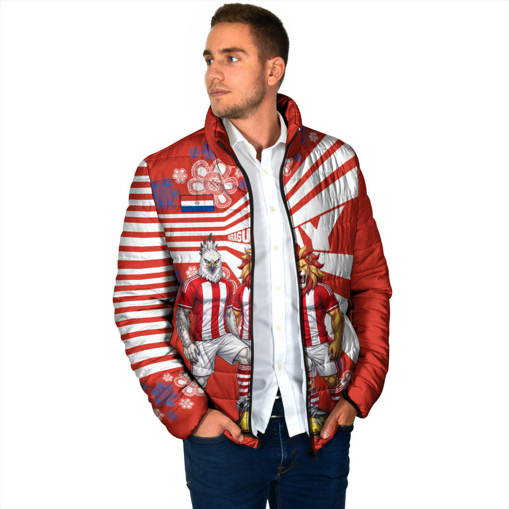 Personalized Paraguay Football Padded Jacket Lion Eagle Mascot Floral