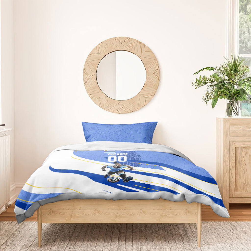 Personalized Uruguay Soccer Southern Lapwing Bedding Set Uruguayan Football Blue Topographic Pattern