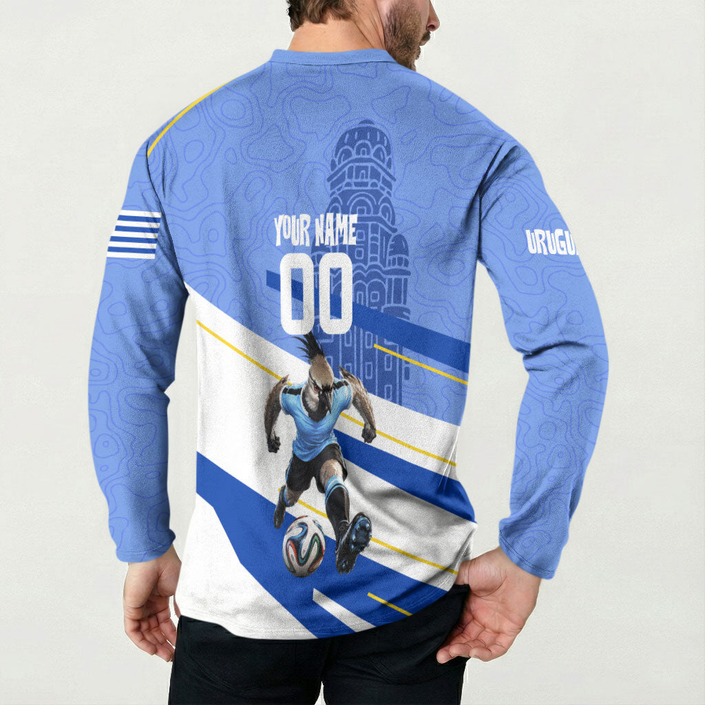 Personalized Uruguay Soccer Southern Lapwing Button Sweatshirt Uruguayan Football Blue Topographic Pattern