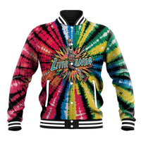 Multicolor tie-dye varsity baseball jacket with snap front and skeleton dunk graphic