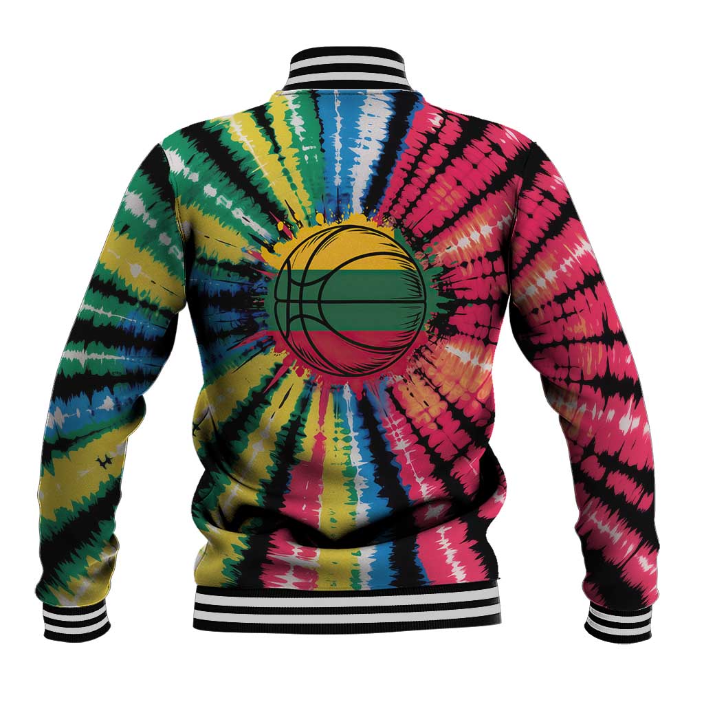 Multicolor tie-dye varsity baseball jacket with large back basketball skeleton graphic